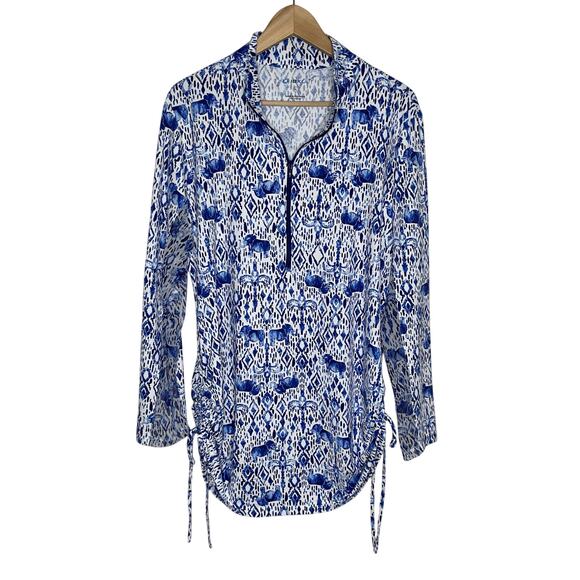 Ibkul Long Sleeve Quarter Zip Top Womens XL Blue White Mesh Elephant Print - Picture 1 of 8